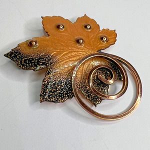 Vintage Signed Matisse Copper Orange Brown Gold Black Enamel Leaf Brooch Pin